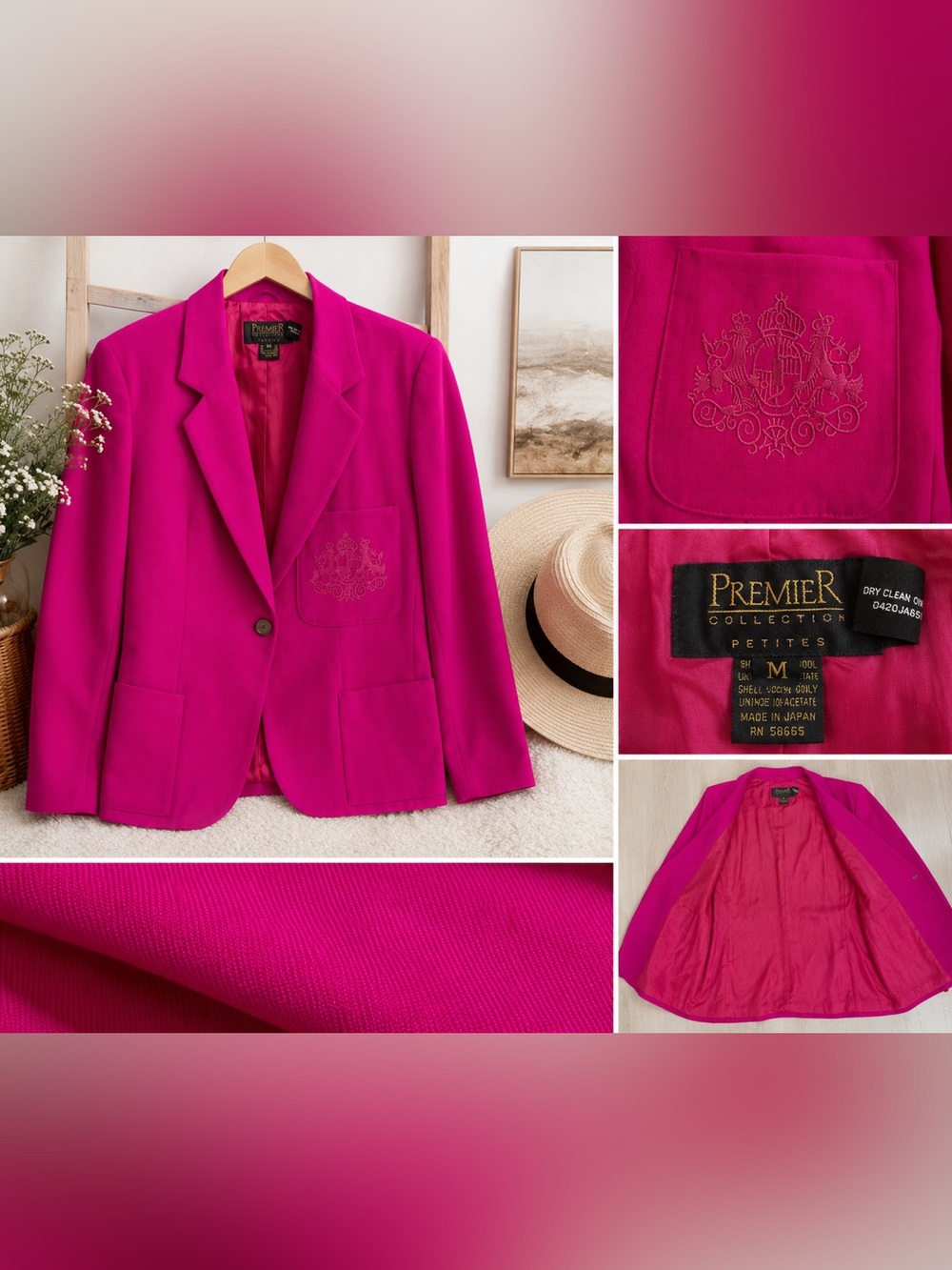 Vintage Premier Collection Petites Hot Pink 100% Wool Oversized Blazer M Japan - Picture 2 of 9